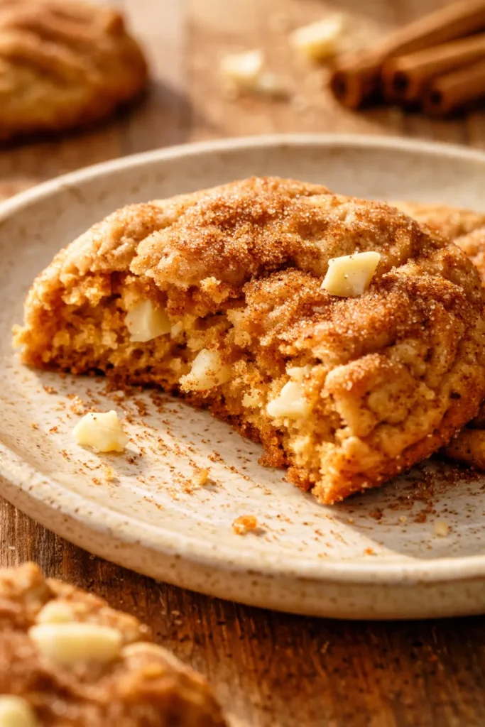 Soft pillowy pumpkin snickerdoodles with white chocolate chips, coated in cinnamon sugar, on a rustic plate showing golden edges