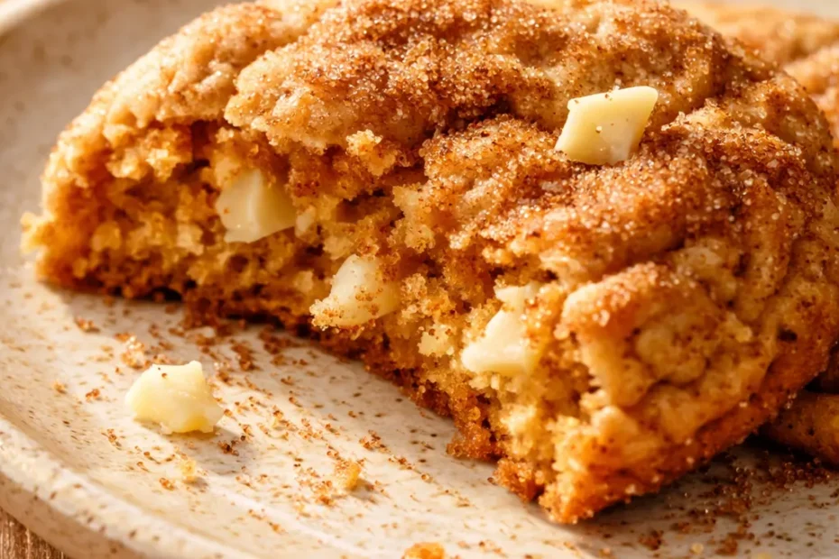 Soft pillowy pumpkin snickerdoodles with white chocolate chips, coated in cinnamon sugar, on a rustic plate showing golden edges