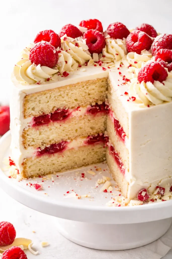 White chocolate raspberry dream cake with creamy white chocolate frosting, fresh raspberries, and visible cake layers.