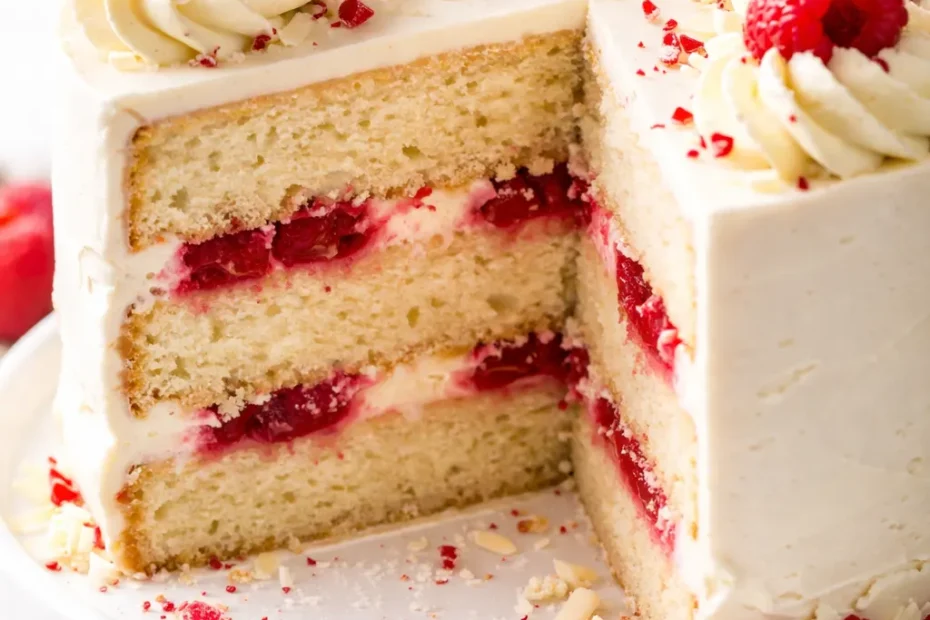 White chocolate raspberry dream cake with creamy white chocolate frosting, fresh raspberries, and visible cake layers.