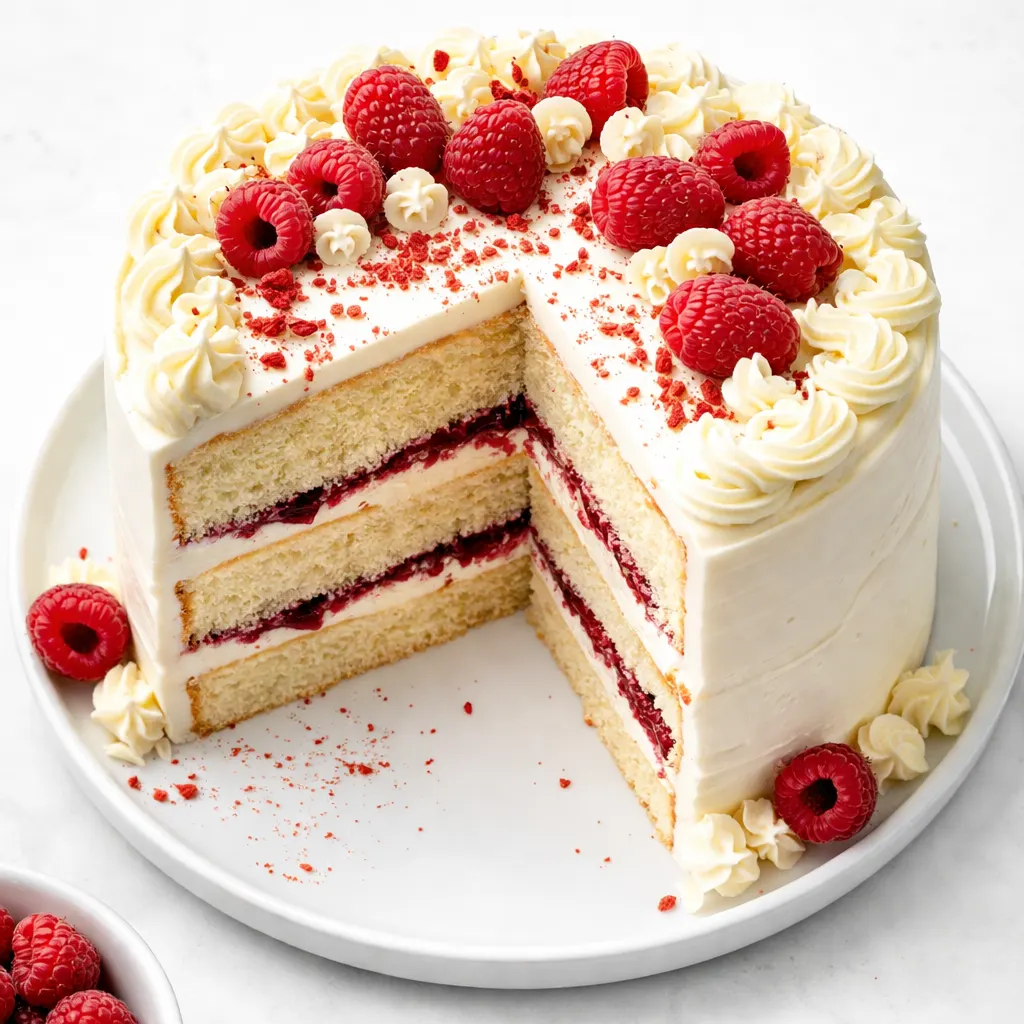 Layering white chocolate raspberry dream cake with creamy white chocolate frosting and fresh raspberries