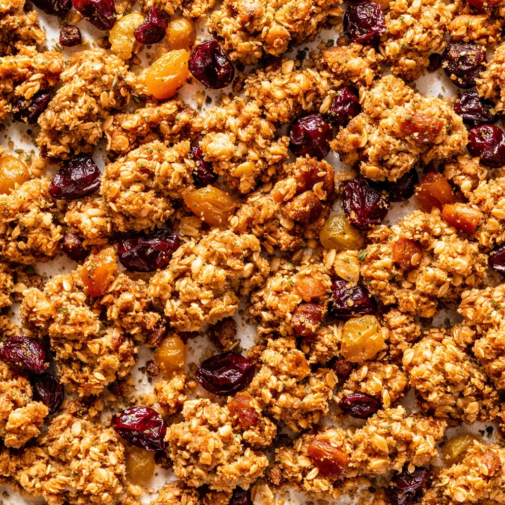 Golden almond flour granola clusters with dried fruit and cardamom, perfectly crunchy and clustered