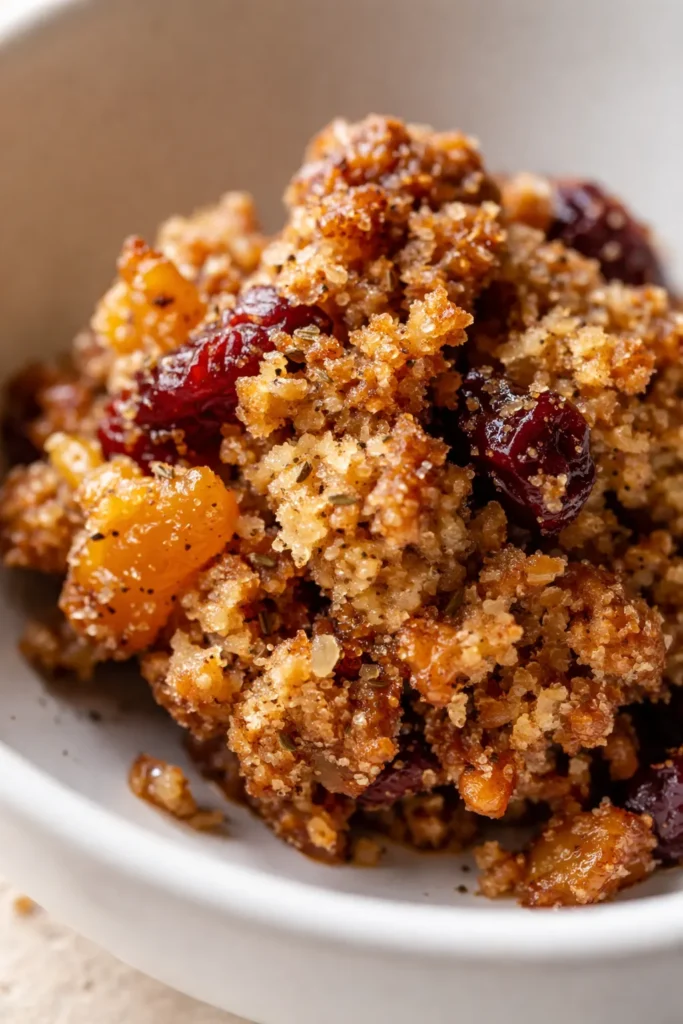 Golden brown almond flour granola clusters with dried fruit and cardamom, perfectly crisp and textured