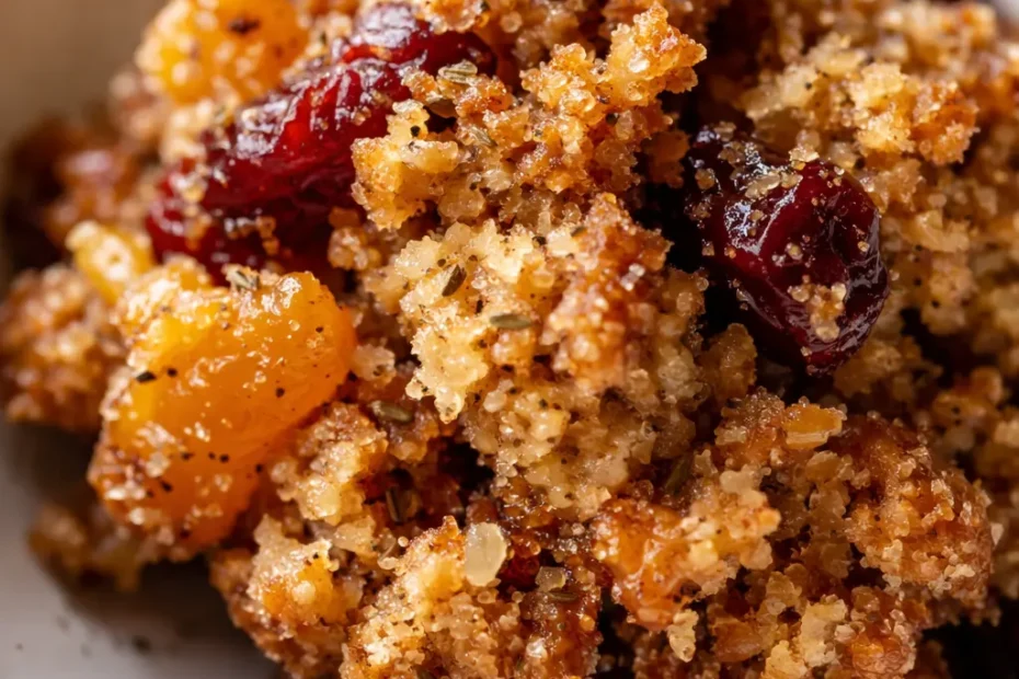 Golden brown almond flour granola clusters with dried fruit and cardamom, perfectly crisp and textured