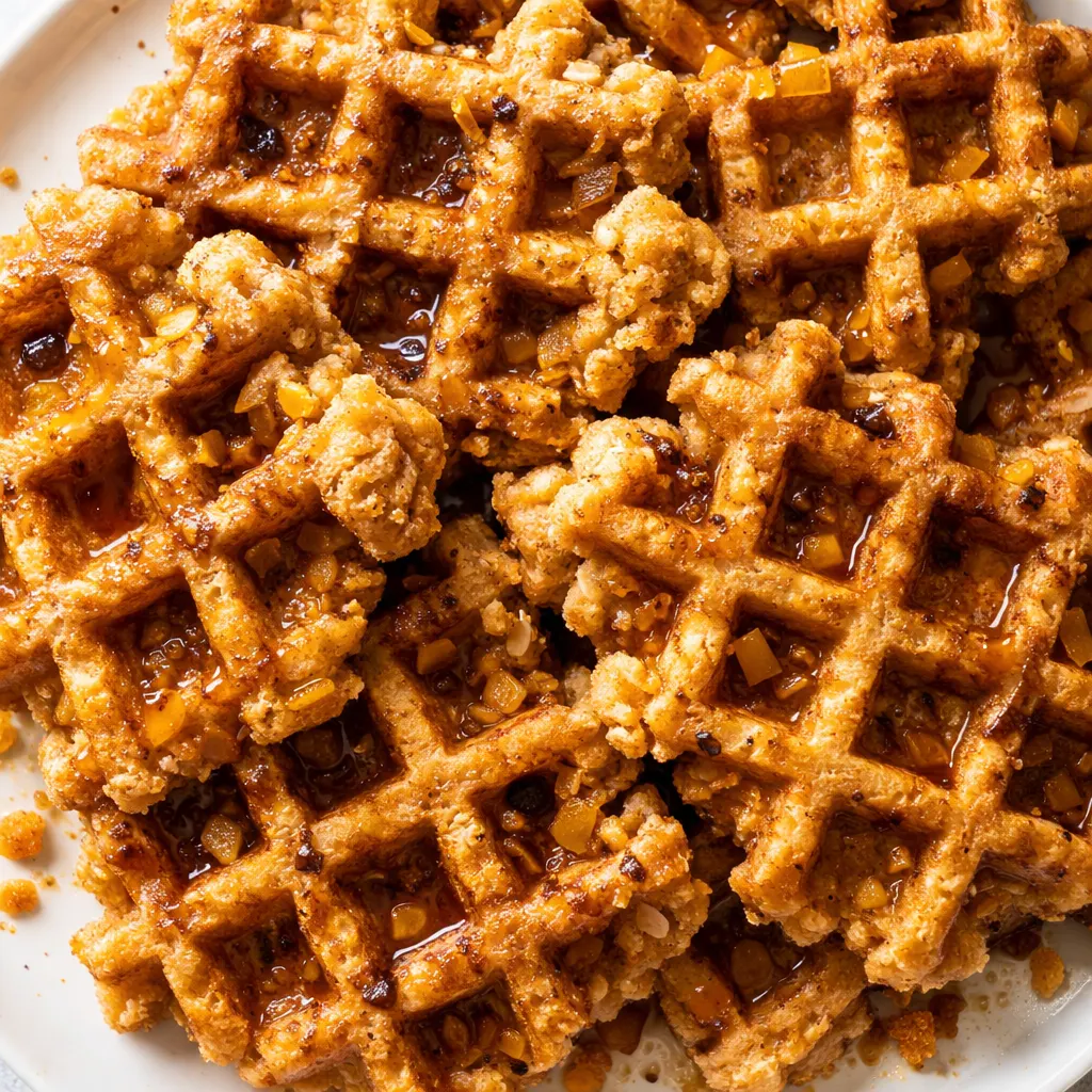 Pouring smooth orange pumpkin batter onto a preheated waffle iron for crispy gluten-free almond flour waffles