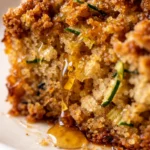 Moist almond flour zucchini bread slice with golden brown crust showing green zucchini specks, on a rustic wooden board