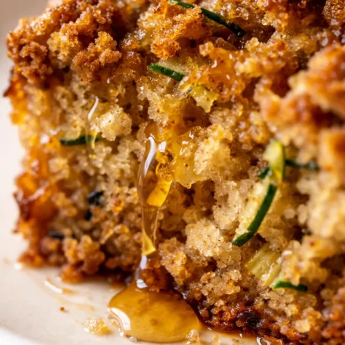 Moist almond flour zucchini bread slice with golden brown crust showing green zucchini specks, on a rustic wooden board