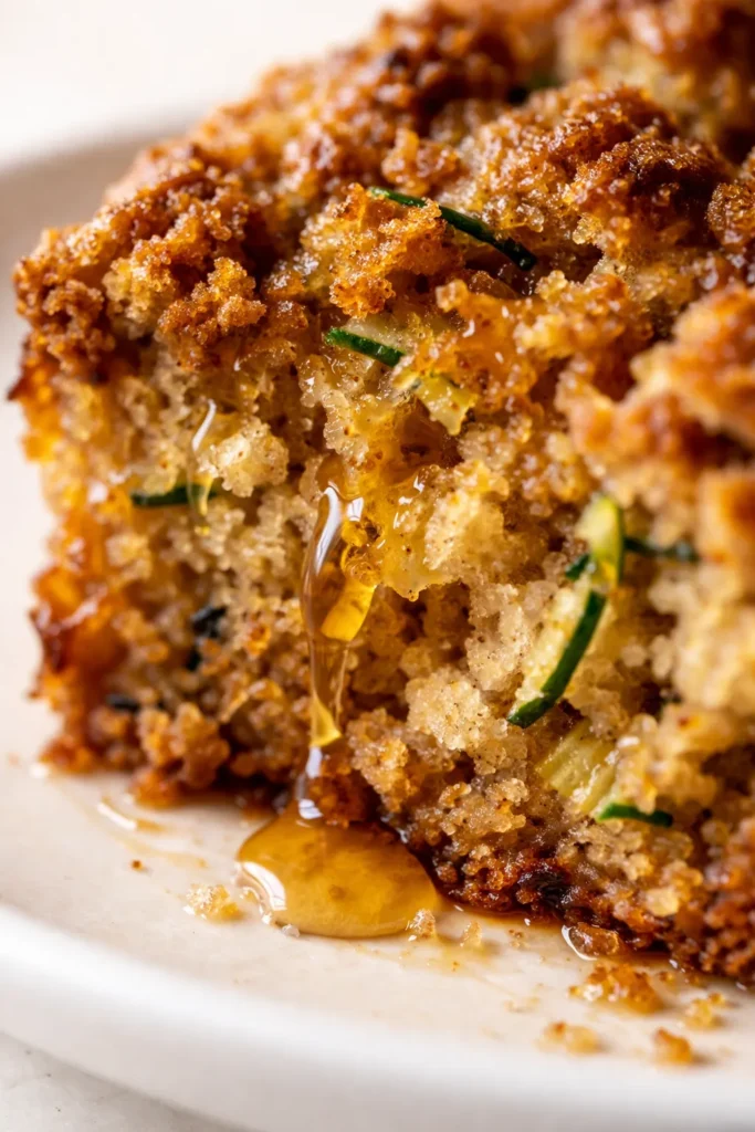 Moist almond flour zucchini bread slice with golden brown crust showing green zucchini specks, on a rustic wooden board