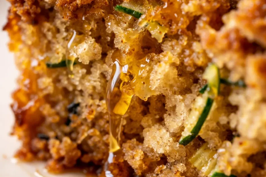 Moist almond flour zucchini bread slice with golden brown crust showing green zucchini specks, on a rustic wooden board