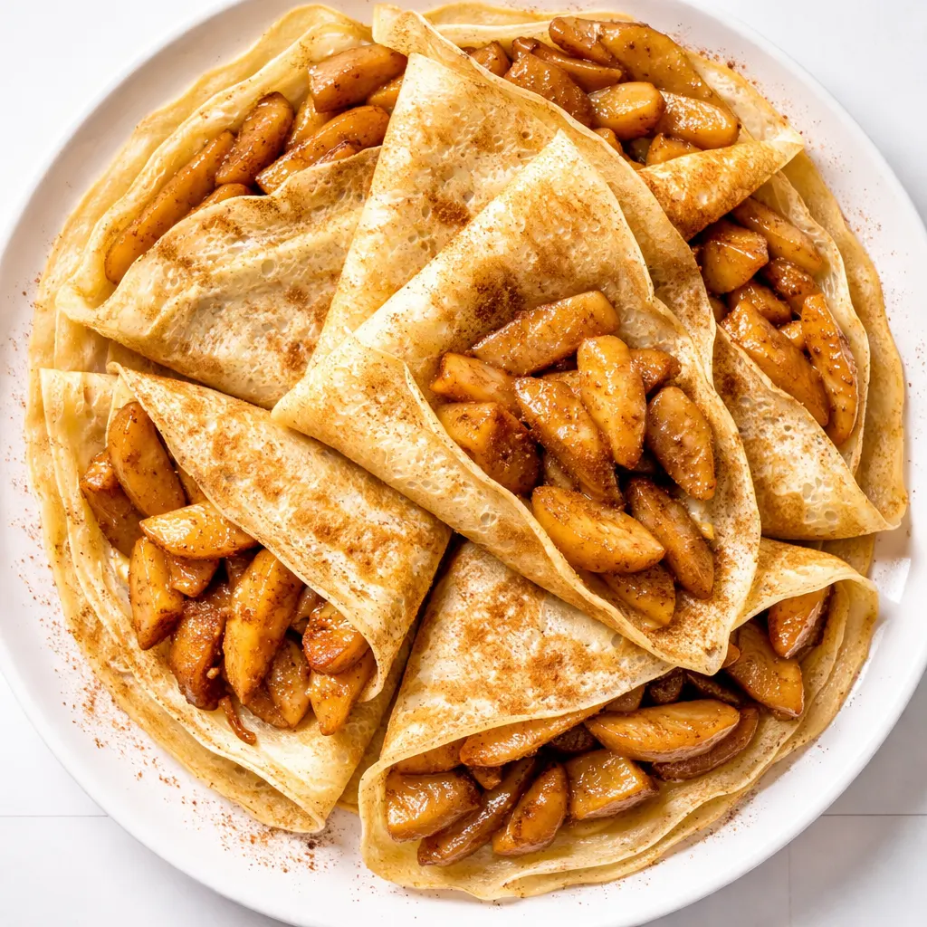 Pouring smooth golden crepe batter into a hot nonstick pan for tender apple cinnamon crepes, with specks of cinnamon visible.