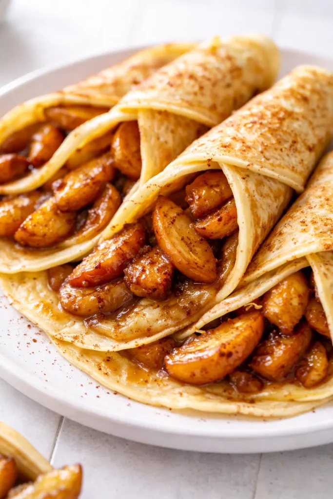 Stack of tender apple cinnamon crepes drizzled with caramel sauce and dusted with cinnamon, golden brown and soft.