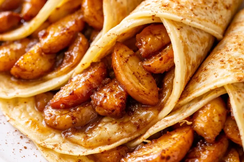 Stack of tender apple cinnamon crepes drizzled with caramel sauce and dusted with cinnamon, golden brown and soft.