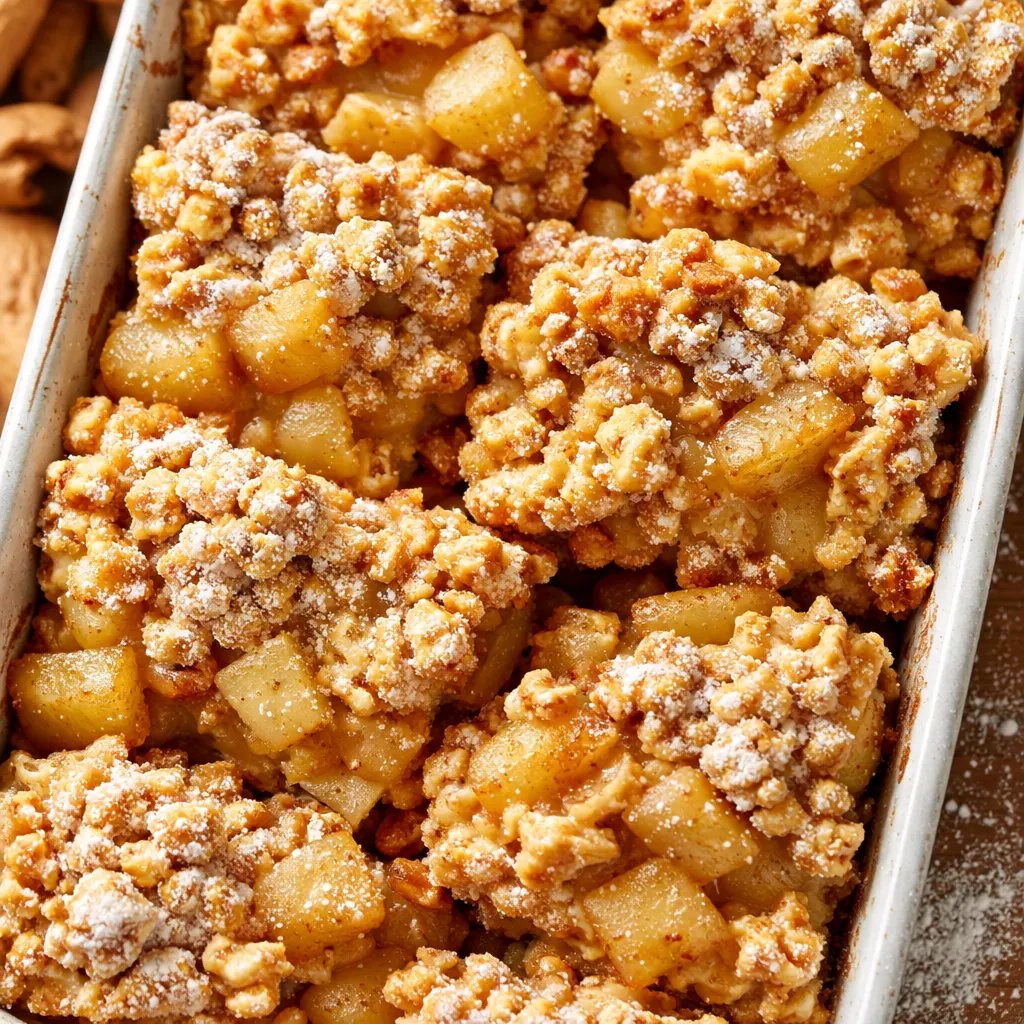 Golden Rice Krispie treats topped with chunky apple pie filling and cinnamon, ready for caramel drizzle - making Apple Pie Rice Krispie Treats