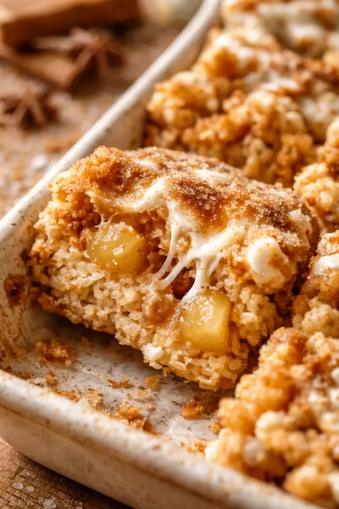Golden apple pie Rice Krispie treats topped with whipped cream, cinnamon, and caramel drizzle on a rustic plate