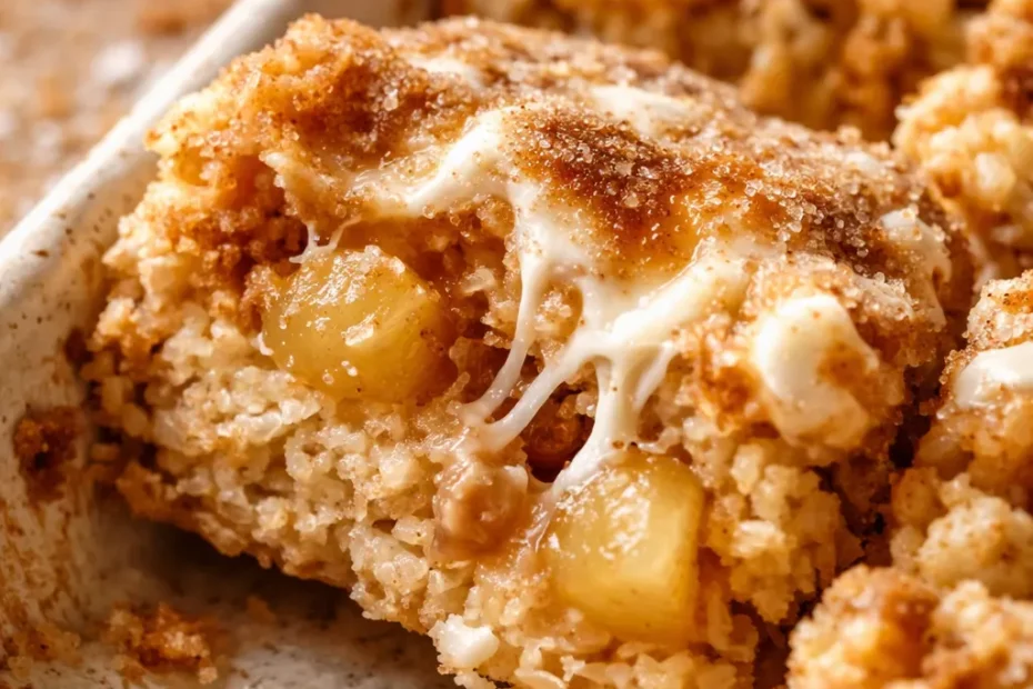 Golden apple pie Rice Krispie treats topped with whipped cream, cinnamon, and caramel drizzle on a rustic plate