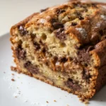 Golden brown Biscoff banana bread loaf with creamy cookie butter swirl, moist tender crumb on a white plate