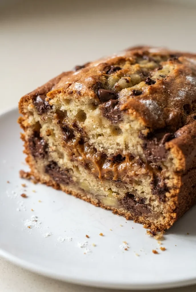 Golden brown Biscoff banana bread loaf with creamy cookie butter swirl, moist tender crumb on a white plate