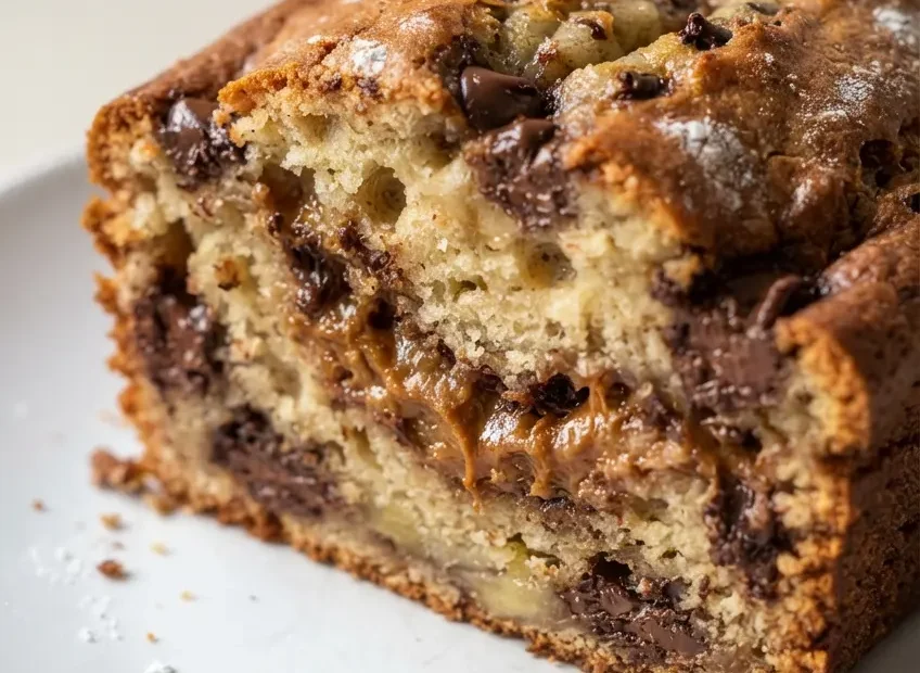 Golden brown Biscoff banana bread loaf with creamy cookie butter swirl, moist tender crumb on a white plate