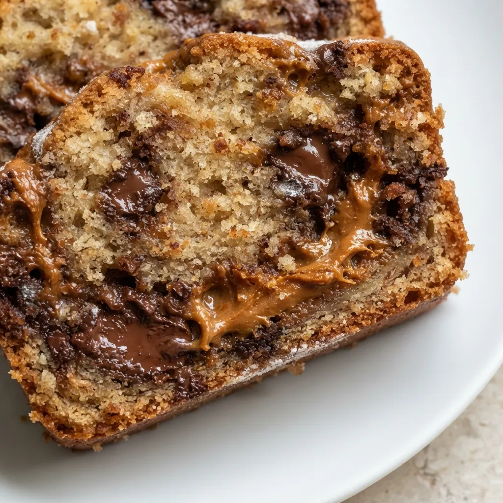 Swirling creamy Biscoff cookie butter into thick banana bread batter, creating a marbled pattern with golden brown and white streaks