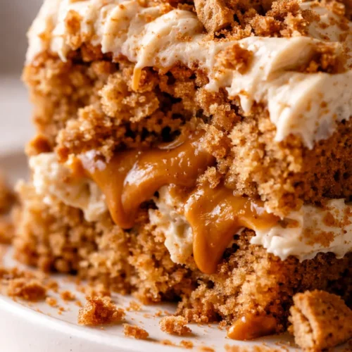 Moist biscoff cake slice with creamy cookie butter frosting and crumb topping, golden brown layers visible