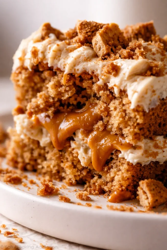 Moist biscoff cake slice with creamy cookie butter frosting and crumb topping, golden brown layers visible
