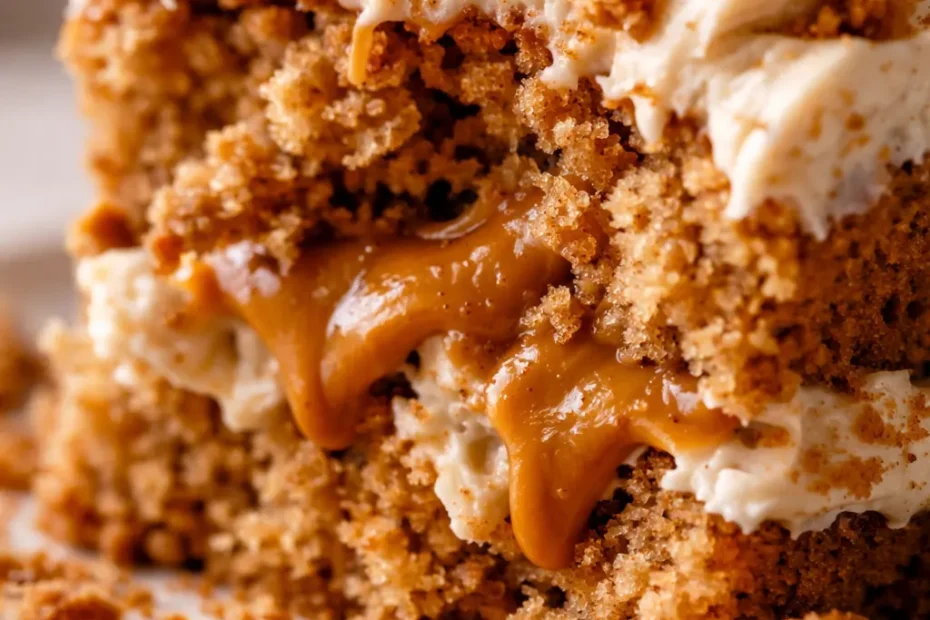 Moist biscoff cake slice with creamy cookie butter frosting and crumb topping, golden brown layers visible