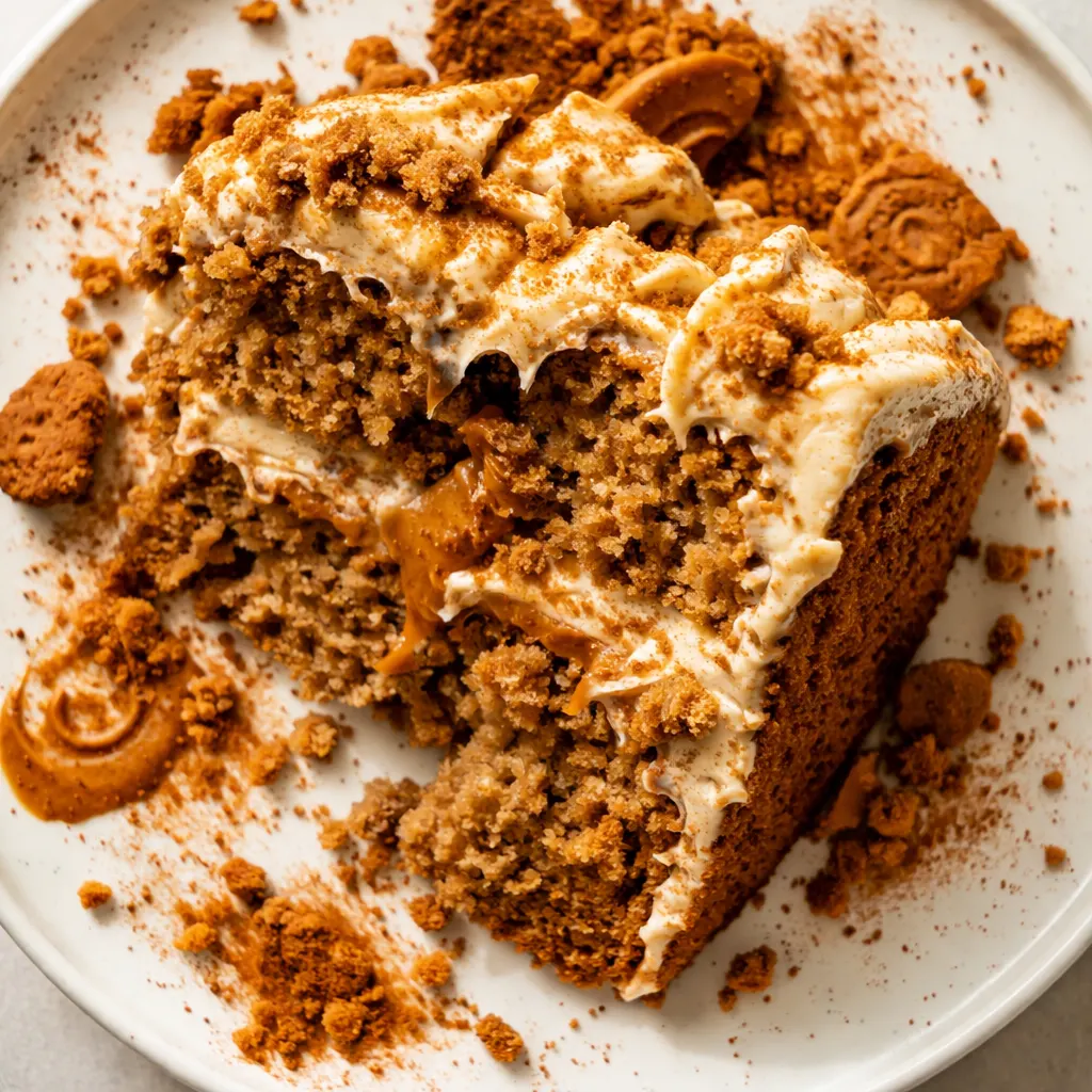 Spreading smooth cookie butter frosting on a moist Biscoff cake layer, showing creamy texture and cinnamon specks