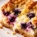 Golden blueberry lemon bars with creamy lemon filling and fresh blueberries on a white plate