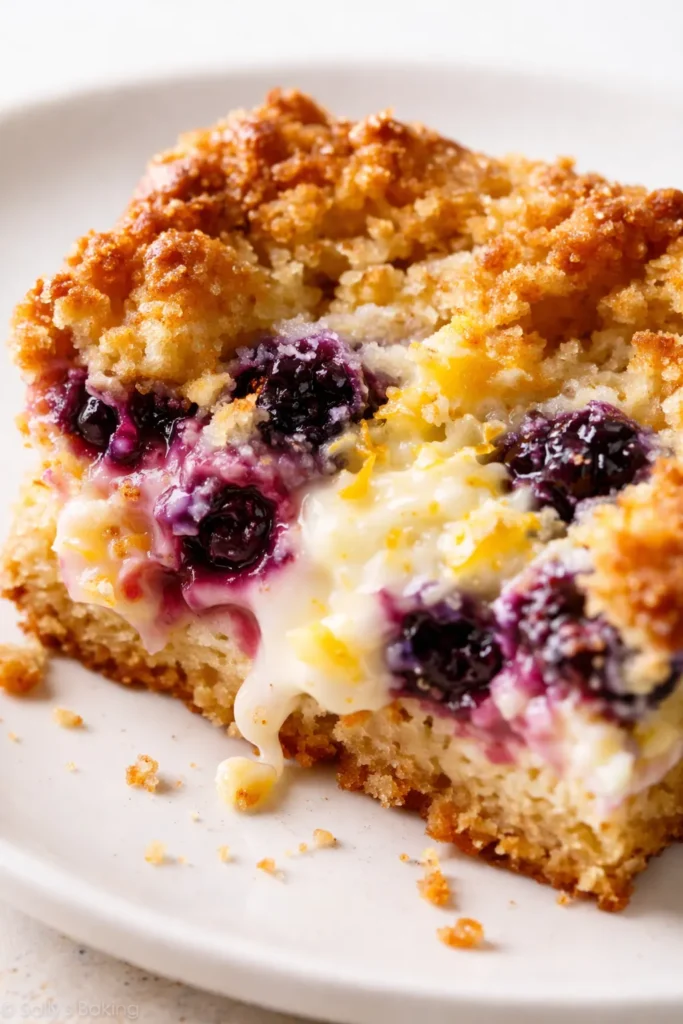 Golden blueberry lemon bars with creamy lemon filling and fresh blueberries on a white plate