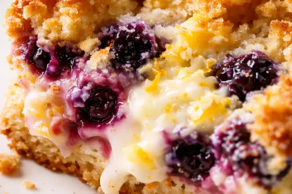 Golden blueberry lemon bars with creamy lemon filling and fresh blueberries on a white plate