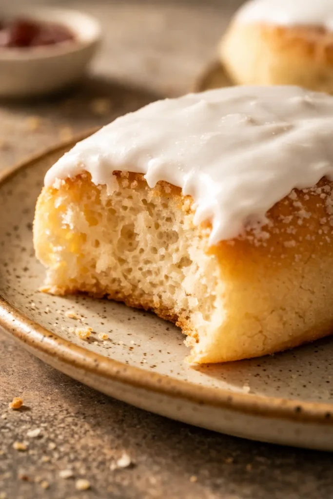 Soft pillowy iced buns with glossy white icing and a bright red cherry on top, showing fluffy texture