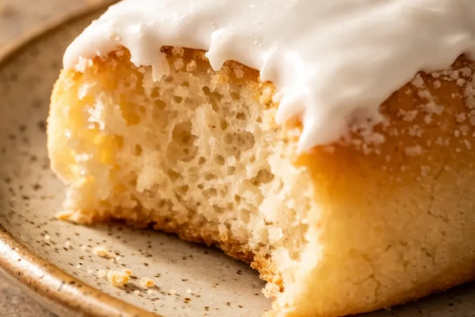 Soft pillowy iced buns with glossy white icing and a bright red cherry on top, showing fluffy texture