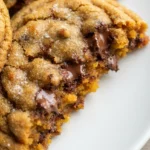 Golden brown butter pumpkin chocolate chip cookies stacked on a plate, soft centers and crispy edges with melty chocolate chips
