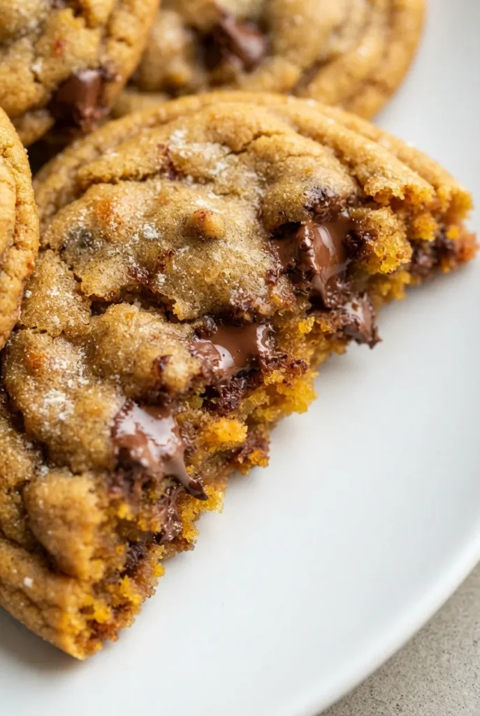 Golden brown butter pumpkin chocolate chip cookies stacked on a plate, soft centers and crispy edges with melty chocolate chips