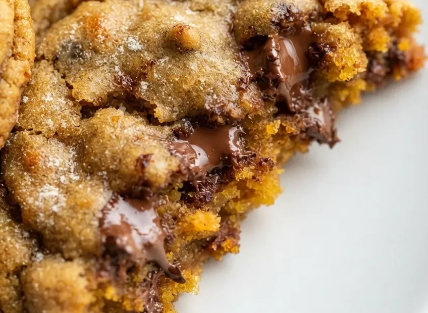 Golden brown butter pumpkin chocolate chip cookies stacked on a plate, soft centers and crispy edges with melty chocolate chips