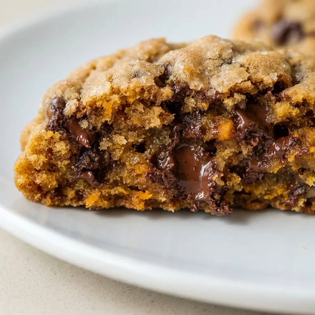 Raw cookie dough balls with chocolate chips on a parchment-lined baking sheet, showing the orange hue from pumpkin and specks of brown butter