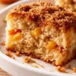 Golden brown sugar peach cake with tender peach pieces and a buttery, moist crumb on a rustic cake stand