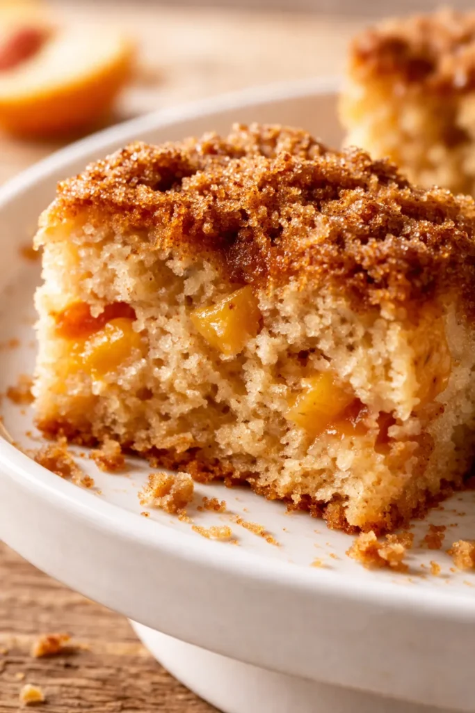 Golden brown sugar peach cake with tender peach pieces and a buttery, moist crumb on a rustic cake stand