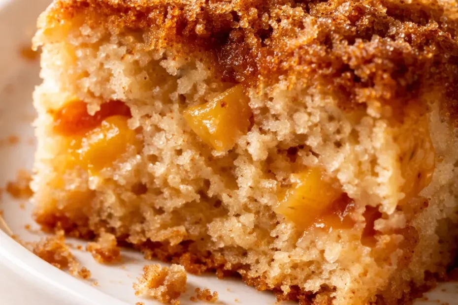 Golden brown sugar peach cake with tender peach pieces and a buttery, moist crumb on a rustic cake stand