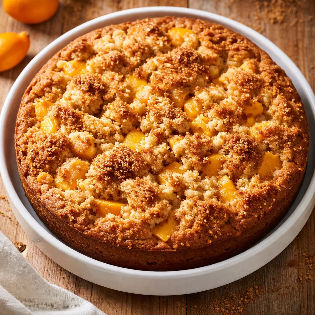 Sliced fresh peaches nested in yellow cake batter with brown sugar crumble topping in a round baking pan