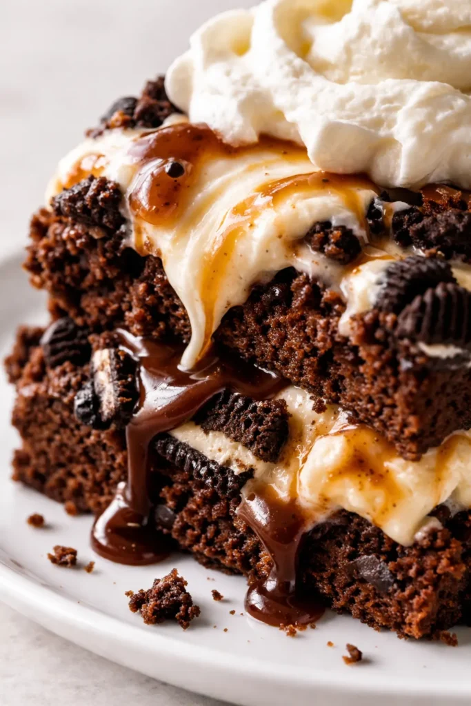 Tall slice of no-bake brownie ice cream cake with layers of fudgy brownie, vanilla and chocolate ice cream, Oreo pieces, and glossy hot fudge drizzle