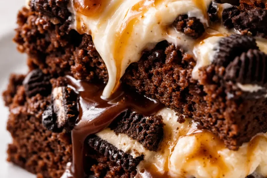 Tall slice of no-bake brownie ice cream cake with layers of fudgy brownie, vanilla and chocolate ice cream, Oreo pieces, and glossy hot fudge drizzle
