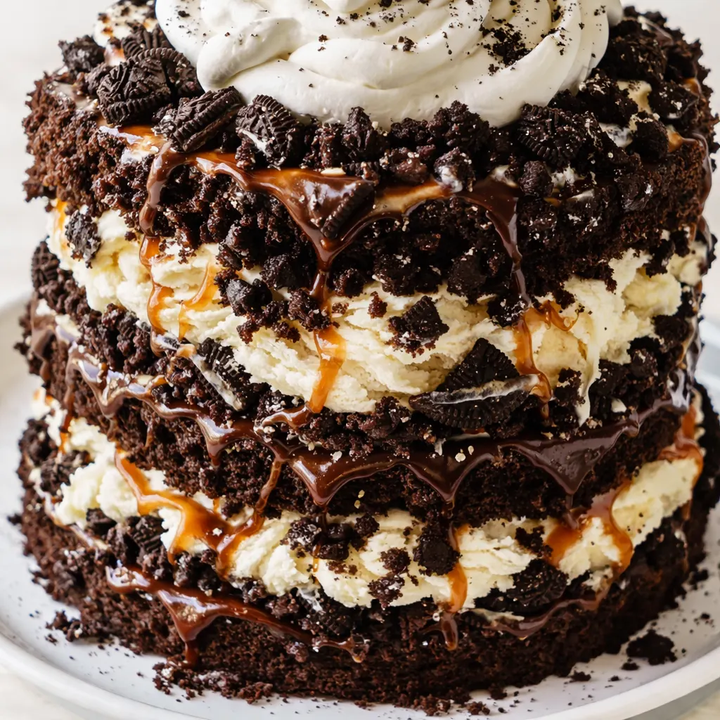 Spooning warm hot fudge over a layer of brownie and vanilla ice cream on a no-bake brownie ice cream cake