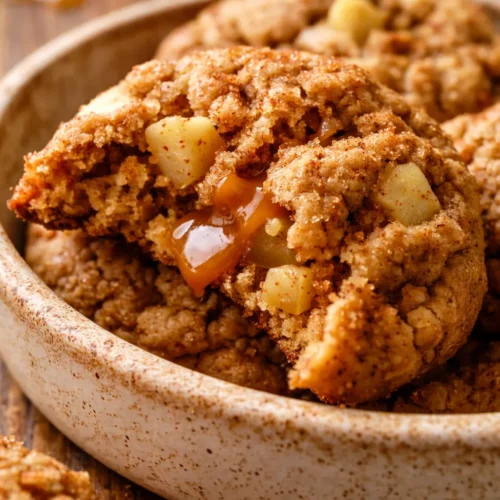 Soft, chewy caramel apple cookies drizzled with salted caramel on a rustic plate, golden brown with visible apple pieces