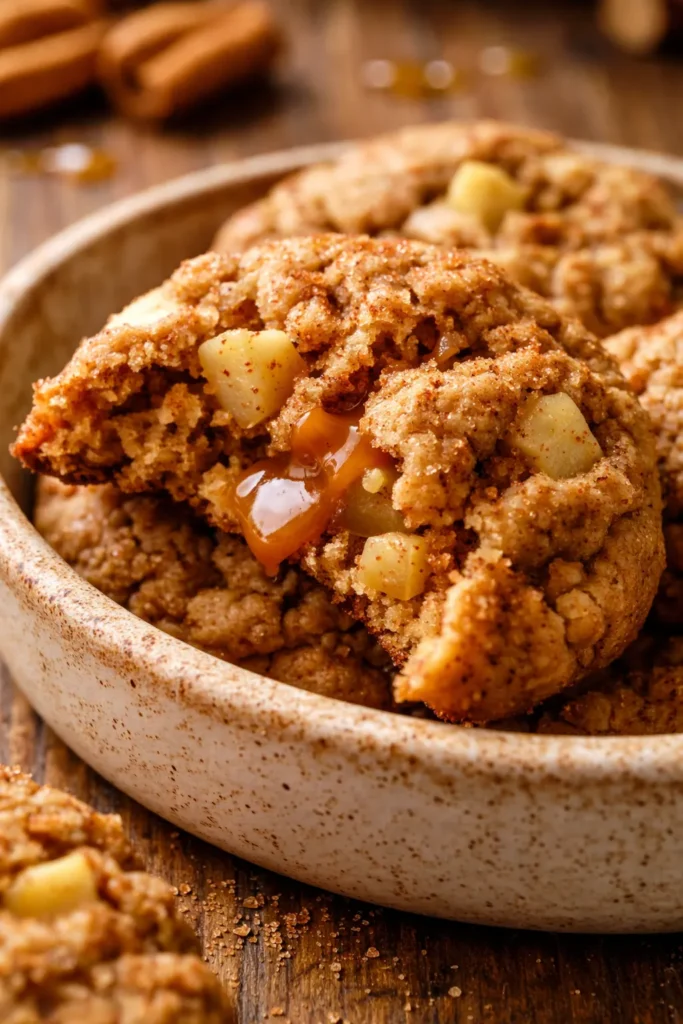 Soft, chewy caramel apple cookies drizzled with salted caramel on a rustic plate, golden brown with visible apple pieces