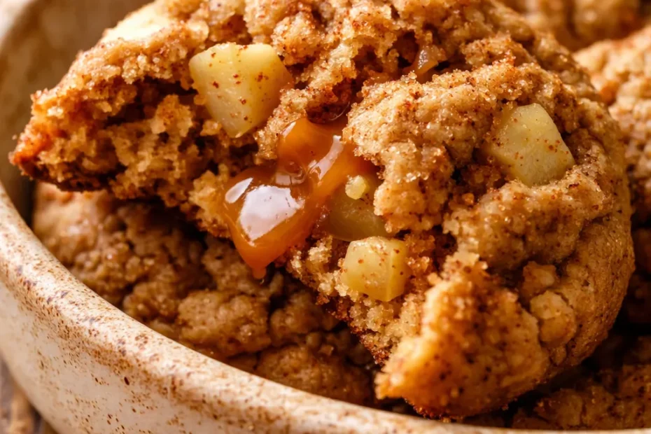 Soft, chewy caramel apple cookies drizzled with salted caramel on a rustic plate, golden brown with visible apple pieces