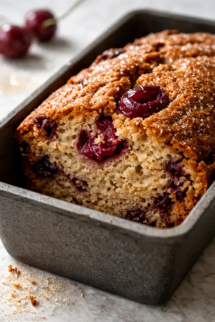 Moist Cherry Garcia loaf cake with cherry pieces and chocolate chips, golden crust, sliced on a wooden board