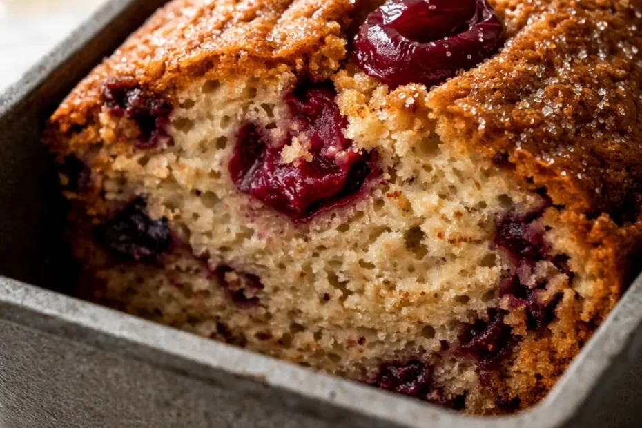 Moist Cherry Garcia loaf cake with cherry pieces and chocolate chips, golden crust, sliced on a wooden board