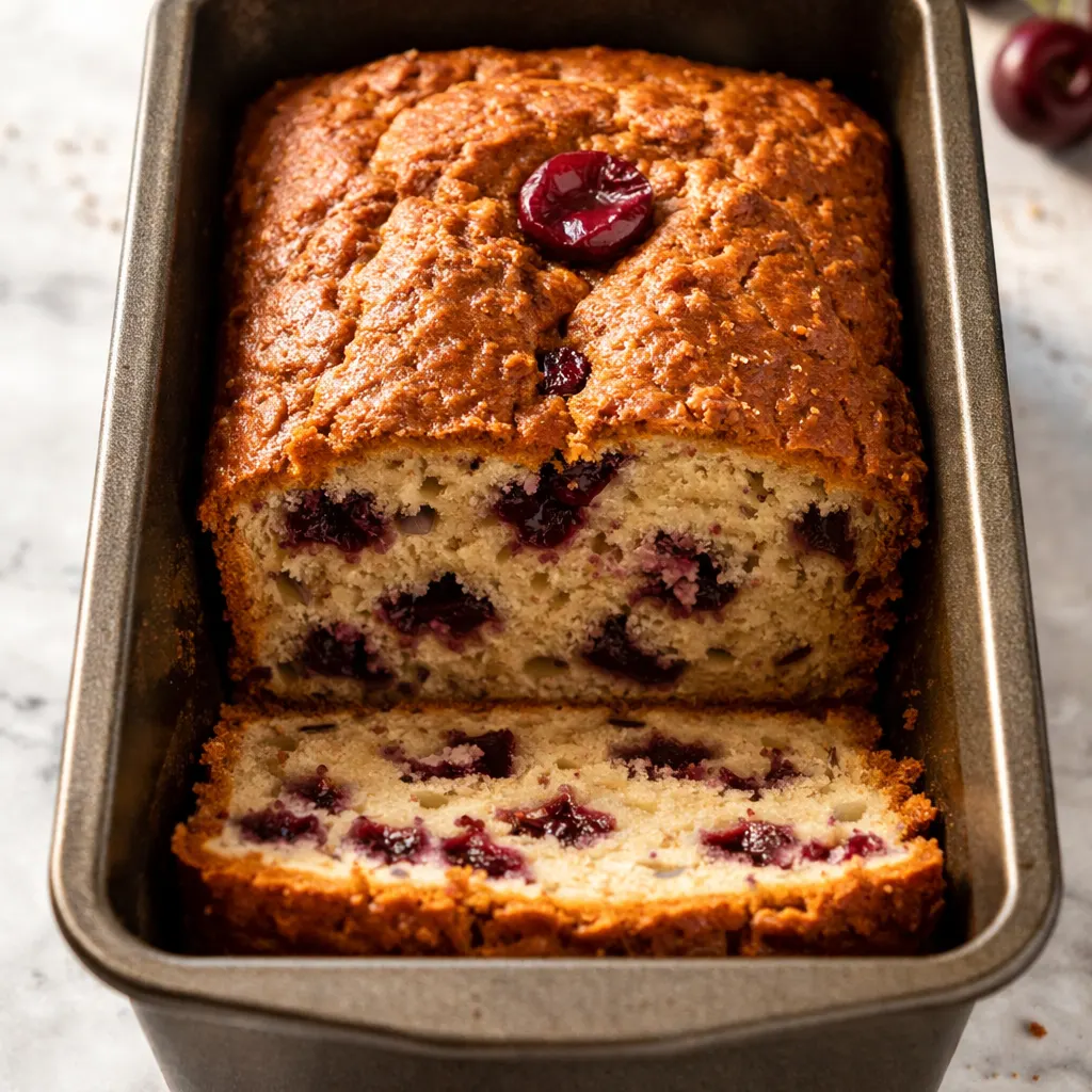 Cherry Garcia loaf cake batter with fresh cherries folded in, showing a thick, glossy texture with cherry pieces