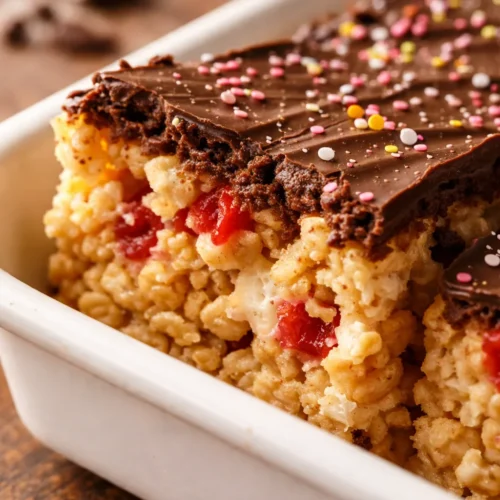 Cherry Rice Krispie Treats topped with glossy dark chocolate, showing bright red and pink speckles from cherry gelatin, with a chewy texture